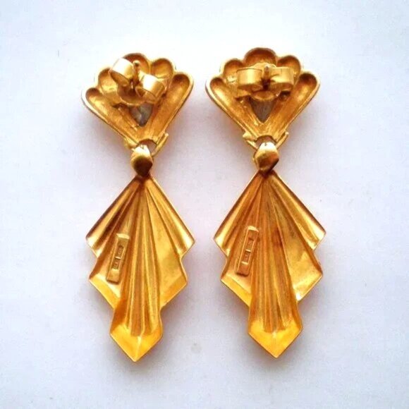 Vintage European Italy 14K Yellow Gold Tear Drop CZ Dangle Pierced Earrings - Picture 4 of 4